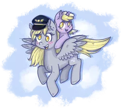 Size: 1024x921 | Tagged: safe, artist:kyaokay, derpibooru import, derpy hooves, dinky hooves, pegasus, pony, equestria's best mother, female, flying, happy, hat, mare