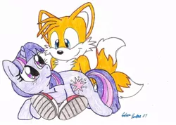 Size: 920x656 | Tagged: artist:silversimba01, crossover, derpibooru import, eye contact, looking at each other, miles "tails" prower, safe, smiling, sonic the hedgehog (series), traditional art, twilight sparkle