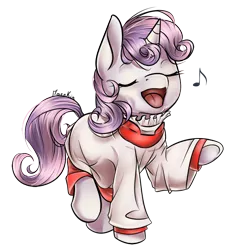 Size: 950x960 | Tagged: artist:moenkin, choir, choir gown, clothes, cute, derpibooru import, dress, eyes closed, music notes, open mouth, raised hoof, raised leg, ruff (clothing), safe, simple background, singing, smiling, solo, sweetie belle, transparent background, underhoof