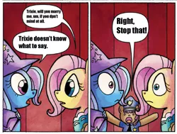 Size: 873x659 | Tagged: derpibooru import, edit, female, fluttershy, idw, if that's okay with you, lesbian, misspelling, monty python, police officer, safe, shipping, shipping denied, trixie, trixieshy, trixieshy interrupted