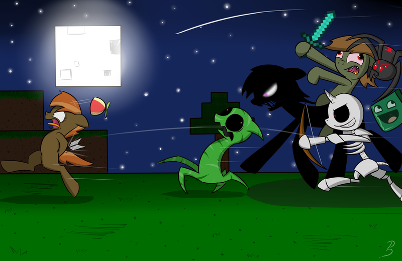 Size: 2000x1300 | Tagged: safe, artist:pandramodo, derpibooru import, button mash, earth pony, enderman, giant spider, pony, slime monster, spider, undead, zombie, don't mine at night, arrow, awsome face, bone, bow (weapon), bow and arrow, colt, creeper, crossover, dexterous hooves, diamond sword, full moon, hat, hoof hold, male, minecraft, moon, propeller hat, running away, skeleton, sword, weapon