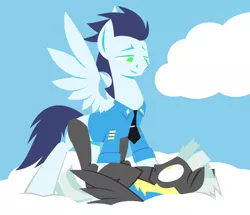 Size: 1280x1100 | Tagged: safe, artist:hoverrover, derpibooru import, soarin', thunderlane, pegasus, pony, clothes, cloud, cloudy, eye contact, gay, hooves, legs in air, lineless, looking at each other, lying, lying down, male, on back, shipping, sky, smiling, soarilane, spread wings, stallion, standing, uniform, wings, wonderbolt trainee uniform, wonderbolts dress uniform