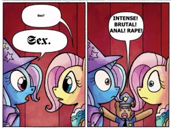 Size: 873x659 | Tagged: comic, derpibooru import, edit, exploitable meme, fluttershy, idw, meme, police officer, >rape, suggestive, trixie, trixieshy interrupted, vulgar