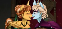 Size: 2048x970 | Tagged: suggestive, artist:namygaga, derpibooru import, ponified, alicorn, pony, alicornified, anna, drool, drool string, elsa, elsanna, female, frozen (movie), incest, kissing, lesbian, race swap, shipping, sloppy kissing