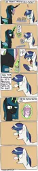 Size: 1000x4472 | Tagged: safe, artist:timsplosion, derpibooru import, queen chrysalis, shining armor, pony, unicorn, comic:shining armor is a goddamn moron, :t, backfire, comic, didn't think this through, disguise, eating, fangs, food, magic, magic aura, male, mask, muffin, no pupils, open mouth, paper-thin disguise, paralyzed, pointing, shining armor is a goddamn moron, short mane, smiling, spy, tan background, team fortress 2, telekinesis, trap, underhoof, you tried