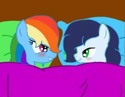 Size: 951x733 | Tagged: suggestive, artist:gizemyorganci, derpibooru import, rainbow dash, soarin', alternate hairstyle, bed, blushing, female, male, shipping, soarindash, straight