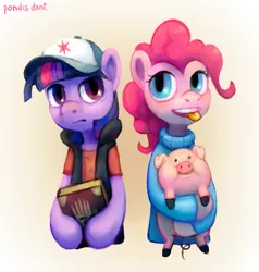 Size: 1201x1260 | Tagged: safe, artist:kaermter, derpibooru import, pinkie pie, twilight sparkle, pig, pony, bipedal, book, clothes, crossover, dipper pines, gravity falls, hat, journal #3, looking at you, mabel pines, simple background, sweater, tongue out, waddles