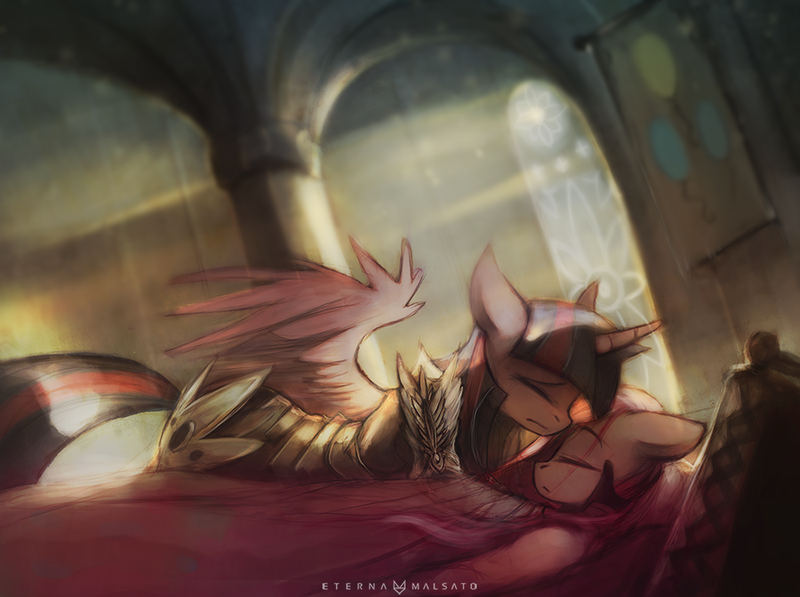 Size: 1000x746 | Tagged: alicorn, anthro, armor, artist:foxinshadow, bed, derpibooru import, hug, pinkie pie, sad, safe, twilight sparkle, twilight sparkle (alicorn)