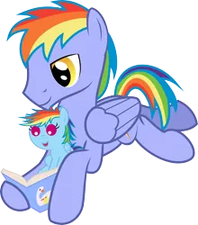 Size: 6564x7471 | Tagged: safe, artist:iamadinosaurrarrr, derpibooru import, rainbow blaze, rainbow dash, pony, absurd resolution, baby, baby dash, baby pony, book, equestria's best father, father and child, father and daughter, female, foal, male, reading, younger