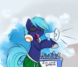 Size: 1150x998 | Tagged: safe, artist:lustrous-dreams, derpibooru import, oc, ponified, unofficial characters only, earth pony, pony, bronycon, convention badge, got dat ice cold water and it's only one dollar, headphones, ice cold water guy, male, megaphone, otakon, solo, stallion, sunglasses, unshorn fetlocks
