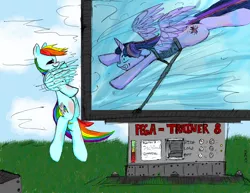 Size: 3279x2535 | Tagged: safe, artist:battlefox, derpibooru import, rainbow dash, twilight sparkle, twilight sparkle (alicorn), alicorn, pony, female, flight simulator, flying lesson, harness, mare, tack, wide eyes