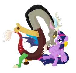 Size: 871x837 | Tagged: safe, artist:rightful-hue, derpibooru import, discord, twilight sparkle, twilight sparkle (alicorn), alicorn, pony, three's a crowd, female, mare, scene interpretation