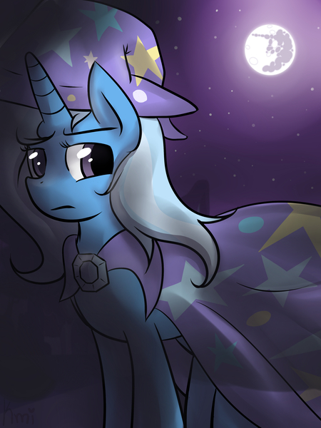 Size: 3000x4000 | Tagged: dead source, safe, artist:kmitangol, derpibooru import, trixie, pony, unicorn, cape, clothes, female, hat, mare, moon, night, solo, stars, trixie's cape, trixie's hat