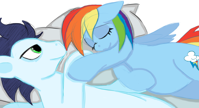 Size: 1280x698 | Tagged: safe, artist:sweethd, derpibooru import, rainbow dash, soarin', backwards cutie mark, bed, bedroom eyes, cute, eyes closed, female, holding hooves, male, preggo dash, pregnant, shipping, side, sleeping, smiling, soarindash, straight