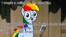 Size: 1024x576 | Tagged: caption, derpibooru import, image macro, meme, pun, rainbow dash, rainbow dash presents, rainbow's pun, safe, solo, text