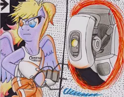 Size: 1013x789 | Tagged: artist:the1king, crossover, derpibooru import, glados, oc, oc:i'magination, portal, portal gun, portal (valve), safe, traditional art