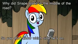 Size: 1024x576 | Tagged: caption, derpibooru import, image macro, meme, pun, rainbow dash, rainbow dash presents, rainbow's pun, safe, solo, text