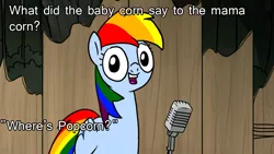 Size: 1024x576 | Tagged: caption, derpibooru import, image macro, meme, pun, rainbow dash, rainbow dash presents, rainbow's pun, safe, solo, text