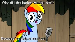 Size: 1024x576 | Tagged: caption, derpibooru import, image macro, meme, pun, rainbow dash, rainbow dash presents, rainbow's pun, safe, solo, text