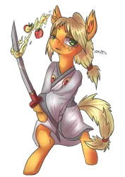 Size: 621x879 | Tagged: safe, artist:trojan-pony, derpibooru import, applejack, pony, alternate hairstyle, apple, bipedal, clothes, food, kimono (clothing), looking at you, samurai applejack, simple background, solo, sword, transparent background, weapon