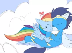 Size: 1334x984 | Tagged: safe, artist:baunily, derpibooru import, rainbow dash, soarin', clothes, cloud, cloudy, cuddling, cute, eyes closed, female, goggles, heart, male, nuzzling, on back, prone, shipping, smiling, snuggling, soarindash, straight, uniform, wonderbolts uniform