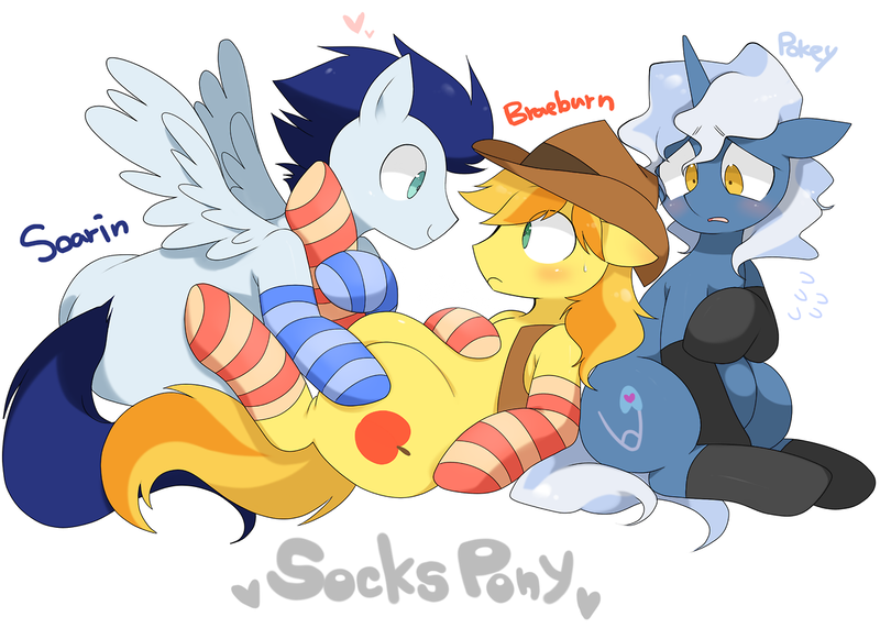 Size: 1280x930 | Tagged: artist:oniku, blank flank, blushing, braeburn, chubby, clothes, cute, derpibooru import, gay, heart, male, nervous, on back, pokey pierce, safe, shipping, soarburn, soarin', socks, striped socks