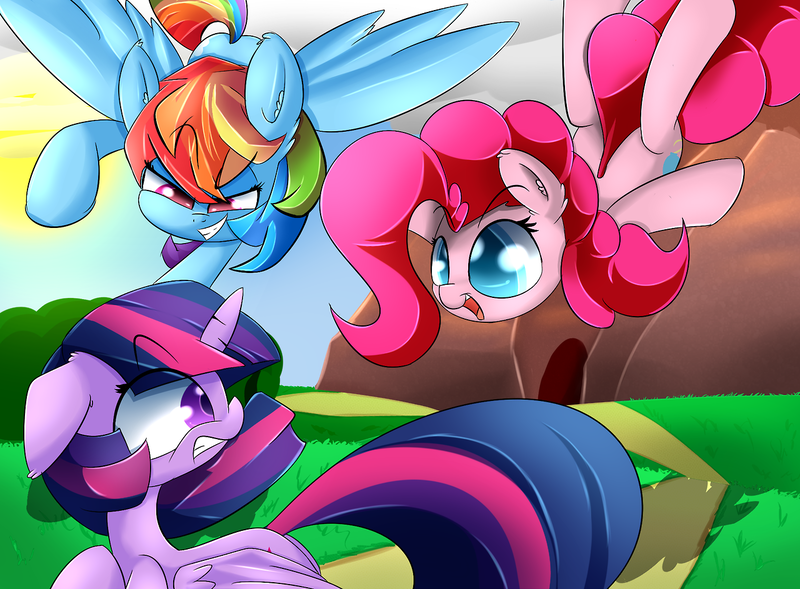 Size: 1280x943 | Tagged: safe, artist:madacon, derpibooru import, pinkie pie, rainbow dash, twilight sparkle, twilight sparkle (alicorn), alicorn, pony, female, glomp, mare