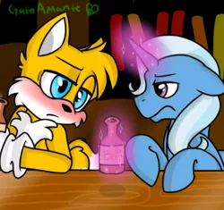 Size: 480x451 | Tagged: alcohol, artist:gatoamante, beer, crossover, crossover shipping, derpibooru import, drunk, eye contact, frown, looking at each other, magic, miles "tails" prower, safe, shipping, sonic the hedgehog (series), telekinesis, trixie