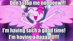 Size: 1280x720 | Tagged: safe, derpibooru import, twilight sparkle, equestria girls, perfect day for fun, rainbow rocks, caption, don't stop me now, image macro, lyrics, meme, ponied up, queen (band), solo, text