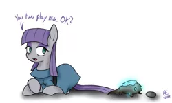 Size: 847x508 | Tagged: safe, artist:fullmetalpikmin, derpibooru import, boulder (pet), maud pie, earth pony, lizard, pony, clothes, crossover, crystal lizard, cute, dark souls, female, mare, prone, simple background, speech bubble, titanite lizard, white background