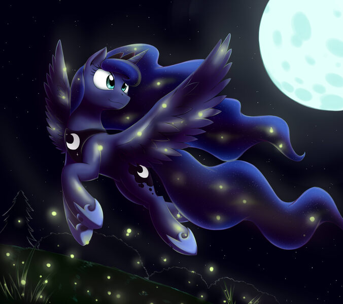 Size: 4425x3929 | Tagged: safe, artist:otakuap, derpibooru import, princess luna, alicorn, firefly (insect), insect, pony, crown, female, flying, full moon, jewelry, looking up, mare, moon, night, regalia, solo, spread wings, starry night, tree, wings