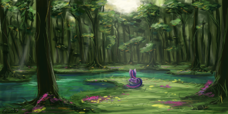 Size: 2160x1080 | Tagged: safe, artist:cezzlo, derpibooru import, twilight sparkle, twilight sparkle (alicorn), alicorn, pony, behind, female, forest, mare, prone, scenery, solo, water