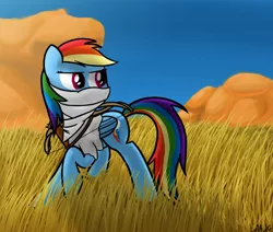 Size: 950x805 | Tagged: archer dash, arrow, artist:mang, bow and arrow, bow (weapon), clothes, derpibooru import, grass, mask, mountain, rainbow dash, rust, safe, solo, weapon