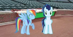 Size: 1024x522 | Tagged: safe, artist:mmnicholas, derpibooru import, rainbow dash, soarin', pony, chicago cubs, female, irl, male, photo, ponies in real life, shipping, soarindash, straight, wrigley field