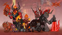 Size: 1920x1080 | Tagged: safe, artist:alevgor, derpibooru import, cerberus (character), lord tirek, ponified, cerberus, demon, demon pony, diamond dog, dog, imp, original species, pony, succubus, arch devil, collar, crossover, dog collar, fire, heroes of might and magic, inferno, mane of fire, multiple heads, nightmare, pit lord, spiked collar, sword, three heads, weapon