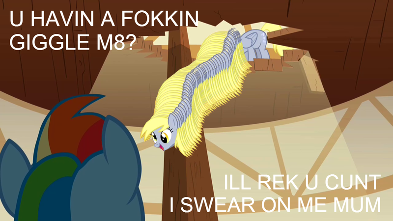 Size: 1280x720 | Tagged: safe, derpibooru import, edit, edited screencap, screencap, derpy hooves, rainbow dash, pegasus, pony, the last roundup, are you frustrated?, caption, facepaste, female, image macro, mare, meme, reaction image, text, u wot m8, vulgar