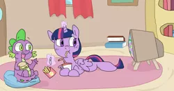 Size: 1014x536 | Tagged: safe, artist:meowing-ghost, derpibooru import, spike, twilight sparkle, twilight sparkle (alicorn), alicorn, pony, burger, female, food, hay burger, mare, television