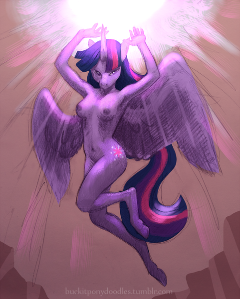 Size: 882x1100 | Tagged: alicorn, anthro, armpits, artist:1trick, artist:buckitponydoodles, beautiful, belly button, breasts, derpibooru import, female, goddess, magic, nipples, nudity, questionable, solo, solo female, twilight's kingdom, twilight sparkle, twilight sparkle (alicorn)