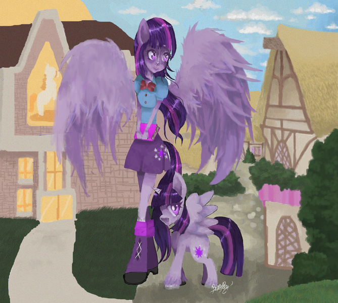 Size: 1552x1392 | Tagged: safe, artist:thelittledixie, derpibooru import, twilight sparkle, twilight sparkle (alicorn), alicorn, pony, equestria girls, clothes, human ponidox, ponied up, self ponidox, skirt