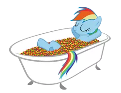 Size: 1776x1371 | Tagged: arm behind head, artist:flare-chaser, bath, "bathing" in food, bathtub, candy, claw foot bathtub, crossed legs, derpibooru import, eyes closed, food, rainbow dash, relaxing, safe, simple background, skittles, smiling, solo, taste the rainbow, transparent background