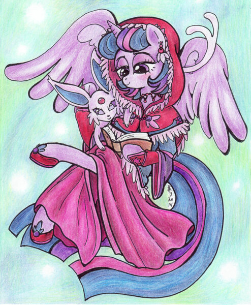 Size: 900x1094 | Tagged: alicorn, artist:oriwhitedeer, book, clothes, crossover, derpibooru import, espeon, pokémon, safe, semi-anthro, traditional art, twilight sparkle, twilight sparkle (alicorn)