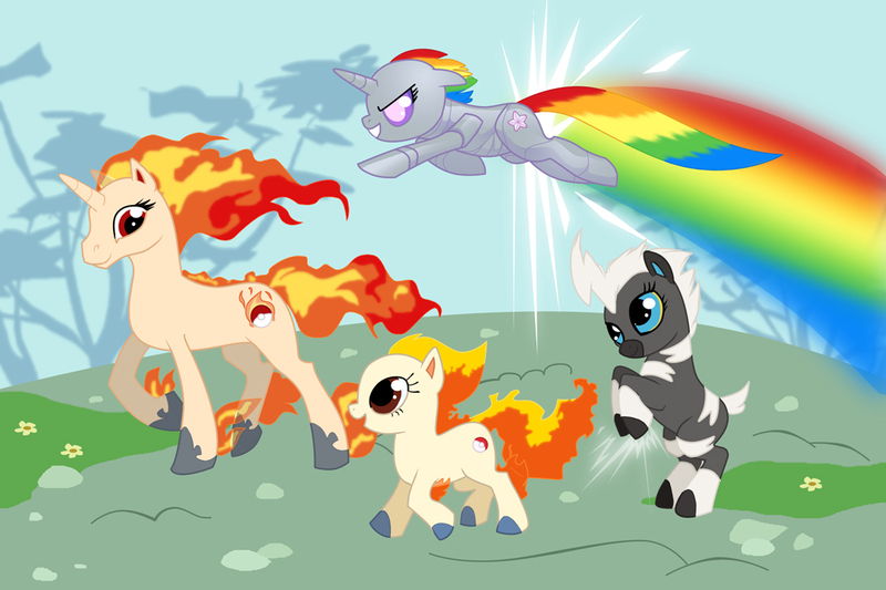 Size: 1050x700 | Tagged: safe, artist:lizspit, derpibooru import, ponified, blitzle, pony, ponyta, rapidash, pokémon, robot unicorn attack