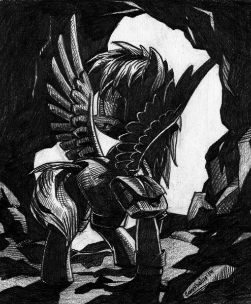 Size: 843x1024 | Tagged: safe, artist:cannibalus, derpibooru import, oc, oc:dazzling "dodo" dusk, unofficial characters only, pegasus, pony, fallout equestria, fallout equestria: the fossil, bag, cave, fanfic art, grayscale, looking back, monochrome, saddle bag, solo, spread wings, traditional art, wings