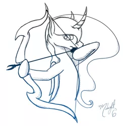 Size: 1000x1000 | Tagged: safe, artist:midnightsix3, derpibooru import, princess luna, pony, lunadoodle, archer, arrow, bipedal, bow (weapon), bow and arrow, curved horn, dexterous hooves, horn, monochrome, solo, weapon