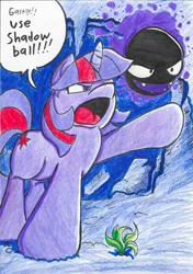 Size: 1645x2333 | Tagged: artist:iyzeekiil, crossover, derpibooru import, gastly, pokémon, safe, traditional art, twilight sparkle