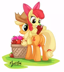 Size: 881x1000 | Tagged: safe, artist:mysticalpha, derpibooru import, apple bloom, applejack, earth pony, pony, apple, applejack's hat, braid, butt, cowboy hat, dock, featureless crotch, female, filly, foal, food, fruit, hat, looking back, mare, plot, ponies riding ponies, raised tail, riding, siblings, sisters, tail