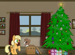 Size: 698x512 | Tagged: safe, artist:graciegirl328, derpibooru import, applejack, winona, christmas, christmas presents, christmas tree, female, filly, filly applejack, hearth's warming, holiday, present, puppy, tree, younger