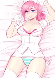 Size: 1280x1825 | Tagged: artist:spittfireart, blushing, bra, breasts, cleavage, clothes, cuffs (clothes), derpibooru import, female, frilly underwear, human, humanized, nurse, nurse redheart, on back, panties, ribbon, solo, solo female, stockings, striped underwear, suggestive, thigh highs, underwear