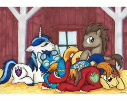 Size: 1986x1588 | Tagged: safe, artist:catscratchpaper, derpibooru import, big macintosh, braeburn, doctor whooves, shining armor, soarin', time turner, earth pony, pony, male, pony pile, stallion, traditional art