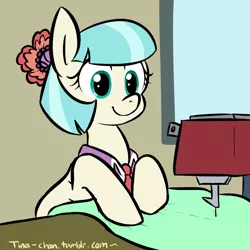 Size: 900x900 | Tagged: 30 minute art challenge, artist:tina-chan, coco pommel, cute, derpibooru import, safe, scene interpretation, sewing, sewing machine, smiling, solo, twilight's kingdom, window